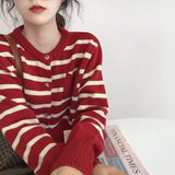 Women Knitwear Autumn round Neck Striped Sweater Vintage Loose Knitted Cardigan