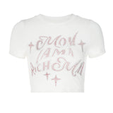 Women T-shirt Spring/Summer Letters Rhinestone Navel Slim-Fit Short-Sleeved T-shirt