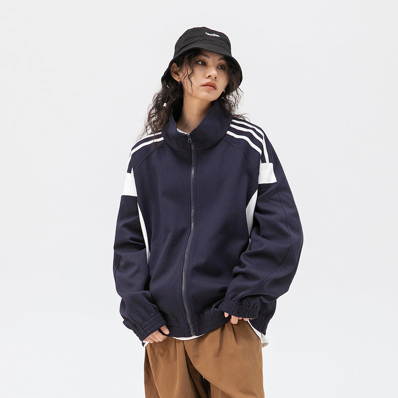 Unisex Jacket Vintage Color Stitching Stand-Collar Sports Jacket for Men and Women Casual Loose Jacket