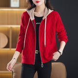 Women Knitwear Fall Winter Hooded Zip Sweater Loose Knitted Cardigan