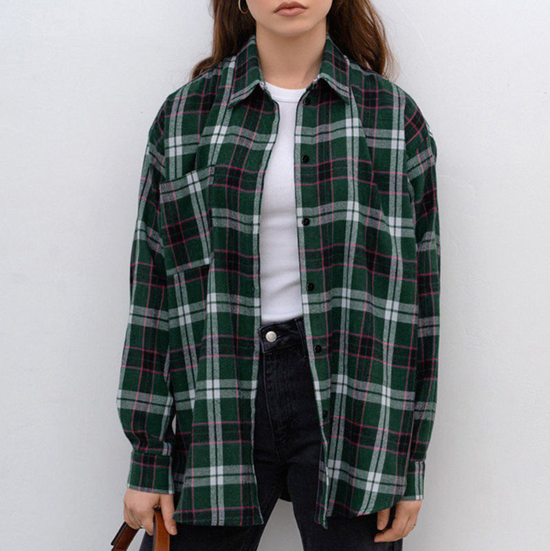 Women Trench Coat Winter Retro Plaid Long Sleeve Shirt Loose Casual Shirt