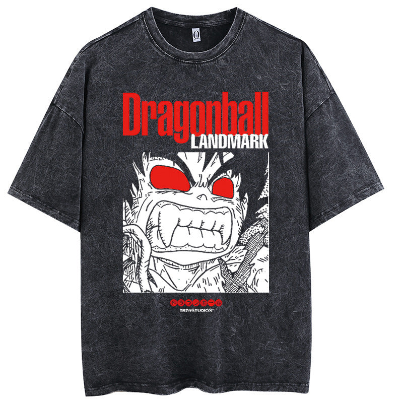 Pure cotton washed old printed cartoon style pickled T-shirt