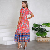 Women Date Dress Summer V-neck Ruffle Vintage Floral Beach Dress
