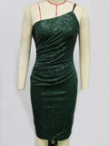 Women Evening Gown Sexy Sling Green Sequins Dress