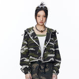 Women Jacket Camouflage Short Hood Zipper Cardigan Outerwear