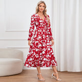 Women Date Dress Floral Dress Autumn and Winter V-neck A- line Skirt