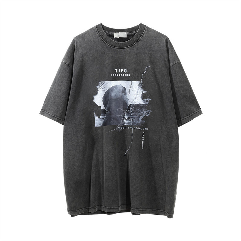 Men Vintage T-shirt Portrait Printing Distressed Short Sleeve T-shirt Casual Washed Half Sleeve