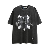 Men T Shirt Vintage Foam Printed Letters Casual Short Sleeve T-shirt