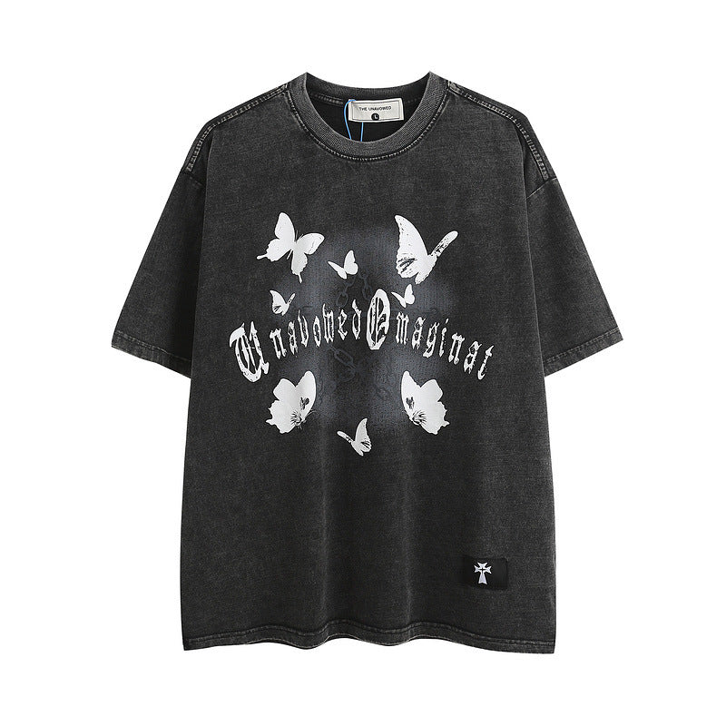 Men T Shirt Butterfly Graffiti Washed and Worn Short Sleeve T-shirt