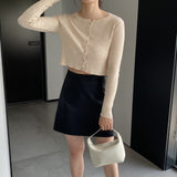 Women Cardigan Sweater Autumn Top round Neck Cropped Cardigan Sweater Button Long Sleeve Knitted Coat 8t7329