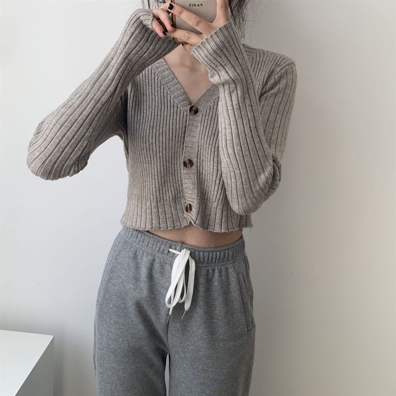Women Cardigan Sweater V-neck Knitted off-Shoulder Short Long Sleeve Cardigan Spring and Autumn Top 8t8120
