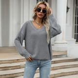 Women Knitted Sweater Autumn V-neck Gray Long Sleeves Women's Sweater Loose