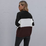 Women Knitted Sweater Autumn Brown Patchwork round Neck Long Sleeve Knitted Pullover Loose Sweater