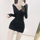 Women Dresses Sexy V-neck Hip Skirt Long Sleeve Dress
