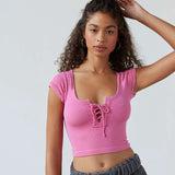 Women T-shirt Summer Square Collar Bare Midriff Slim Fit T-shirt Top