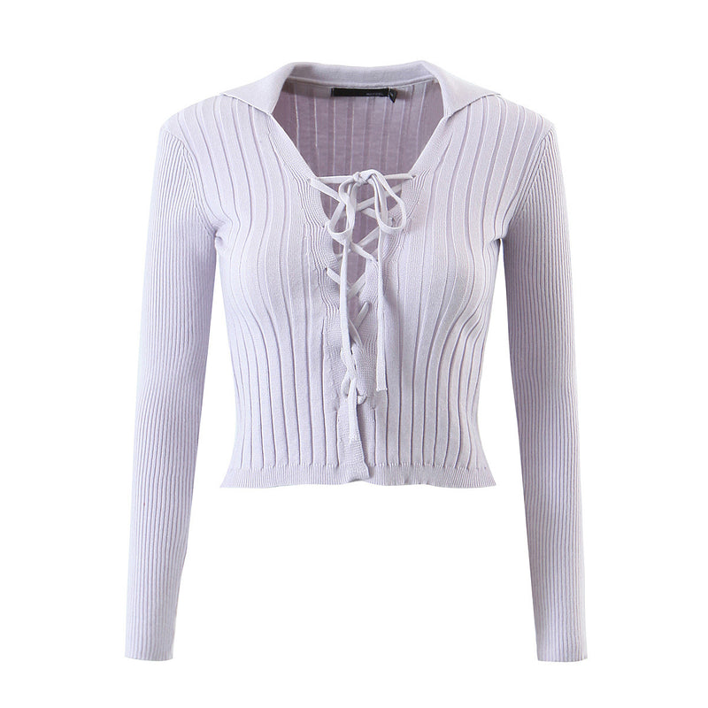 Women Sweater Knitwear Vintage Polo Lapel Lace-up Sweater Autumn Sexy Slim Long Sleeve Sweater
