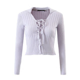 Women Sweater Knitwear Vintage Polo Lapel Lace-up Sweater Autumn Sexy Slim Long Sleeve Sweater