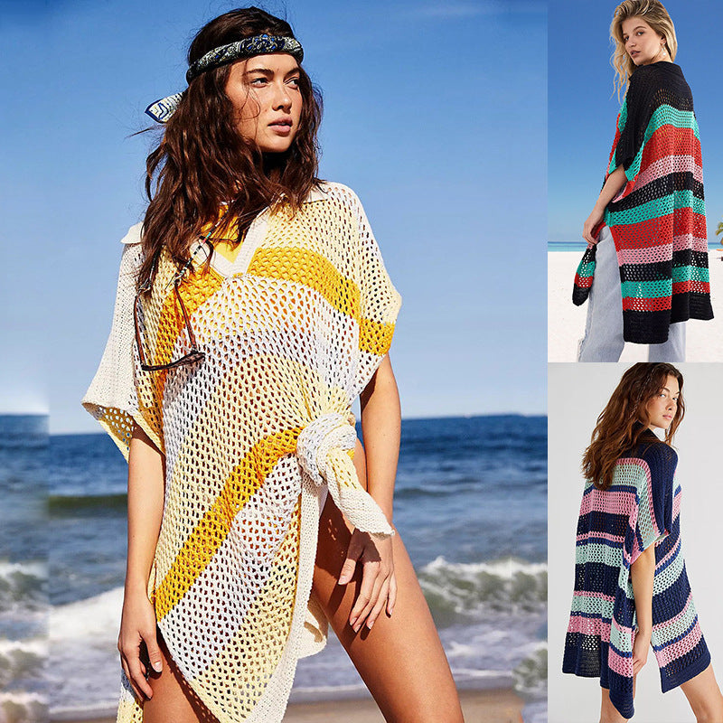 Women Knit Beach Cover V-neck Half Sleeve Cutout Beach Bikini Sun Protection Shirt
