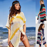 Women Knit Beach Cover V-neck Half Sleeve Cutout Beach Bikini Sun Protection Shirt