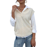 Women Knitted Sweater Autumn Casual Top Solid Color Cable-Knit Sweater Vest