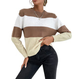 Women Knitted Sweater Autumn Leisure Color Block Long Sleeve Crew Neck Sweater