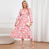 Women Date Dress Floral Dress Autumn and Winter V-neck A- line Skirt