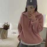 Women Knitted Pullover Autumn Zipper and Lapel Sweater Loose Long Sleeve Knitwear Top