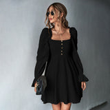 Women Dress Puff Sleeve Square Collar Long Sleeve Dress