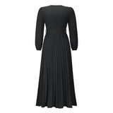 Women Date Dress V-neck Long Sleeve Pleated Dress