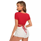 Women T-shirt round Neck Top Back Tied High Waist T-shirt Summer Top