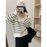 Women Knitwear Autumn and Winter Striped Half Zipper and Lapel Knitwear Loose Sweater