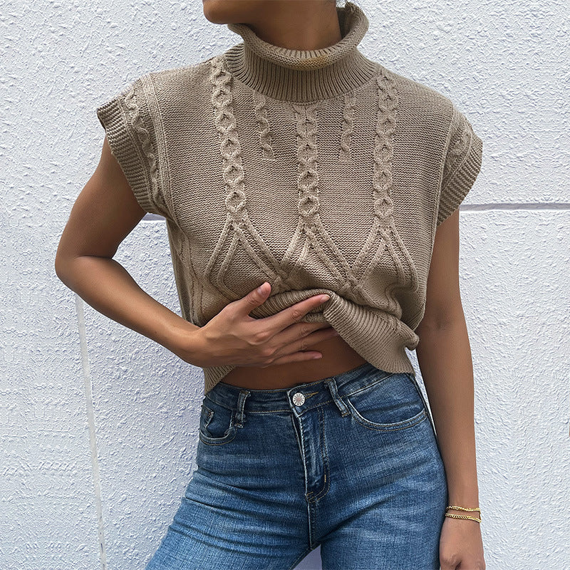 Women Knitted Sweater Autumn Solid Color Short Sleeve Turtleneck Sweater