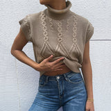 Women Knitted Sweater Autumn Solid Color Short Sleeve Turtleneck Sweater