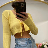 Women Knitted Sweater Autumn Winter Sexy Long-Sleeved, Slim-Fit, Short Cropped Lace-up Knitted Cardigan
