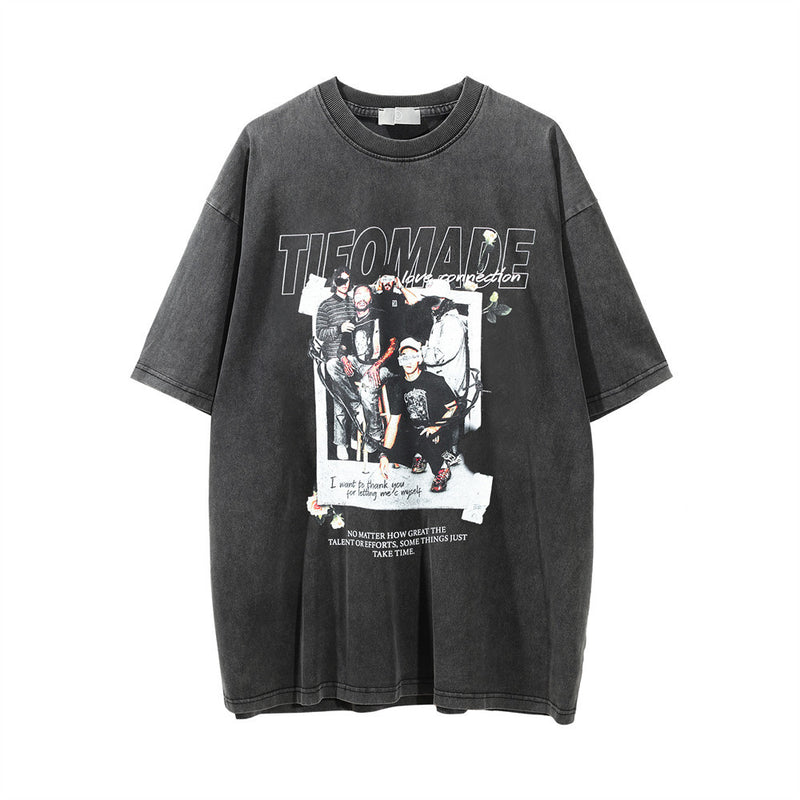 Men Vintage T-Shirt Printed Washed Distressed Short-Sleeved T-shirt Men's Summer Loose-Fitting Casual round-Neck