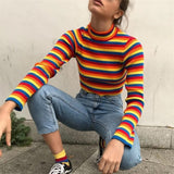 Women Knitted Sweater Spring and Autumn Turtleneck Long Sleeve Striped Sexy Short Sweater Sweater