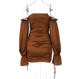 Women Dresses Autumn Winter Sexy off-the-Shoulder Lantern Sleeve Ruffle Hip Dress (Bla0420)