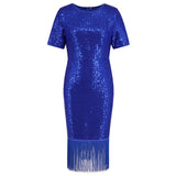 Women Date Dress round Neck Vintage Sequined Tassel Evening Dress