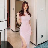 Women Dresses Pink Split Sexy Dress Short Sleeve round Neck Dress