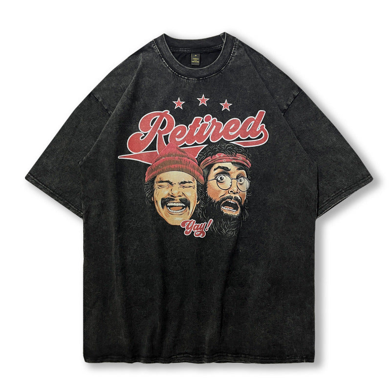Men T Shirt Vintage Rap Character Printed Washed Short Sleeve T-shirt