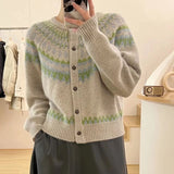 Women Knitted Cardigan Vintage Stripe Gray Sweater Autumn Crew Neck Cardigan