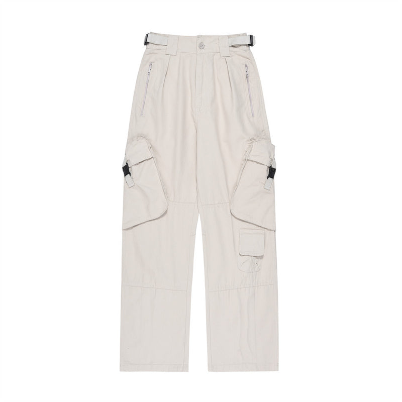 Men Sweatpants Multi-Pocket Zipper Casual Trousers Solid Color Baggy Straight Trousers