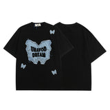 Men T Shirt Vintage Butterfly Denim Stitching Affixed Cloth Embroidered Casual Short Sleeve T-shirt