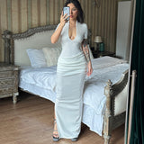 Women Dresses Spring Sexy Deep V Short Sleeve and Long Pattern Dress