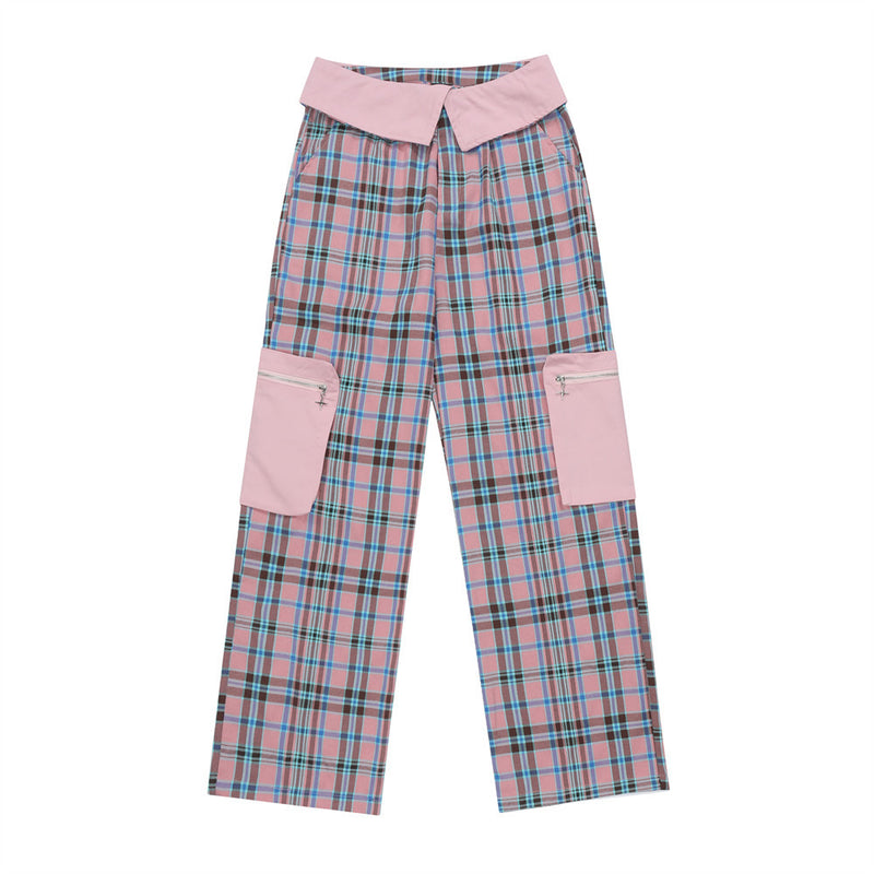 Women Pants Pink Plaid Casual Pants Multi-Pocket Trousers