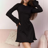 Women Dress Knitted Dress Women's Autumn and Winter round Neck Long Sleeve A- line Skirt