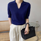 Women Knitted T-shirt Polo Shirt Knitwear Fall V-neck Sweater