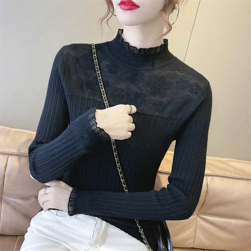Women Knitwear Autumn and Winter Turtleneck Lace Sweater Slim Fit
