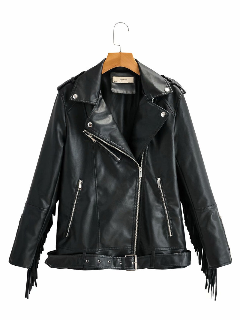 Women Leather Jacket Lapel Punk Hip Hop Tassel Leather Jacket