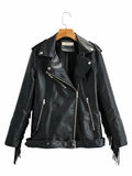 Women Leather Jacket Lapel Punk Hip Hop Tassel Leather Jacket